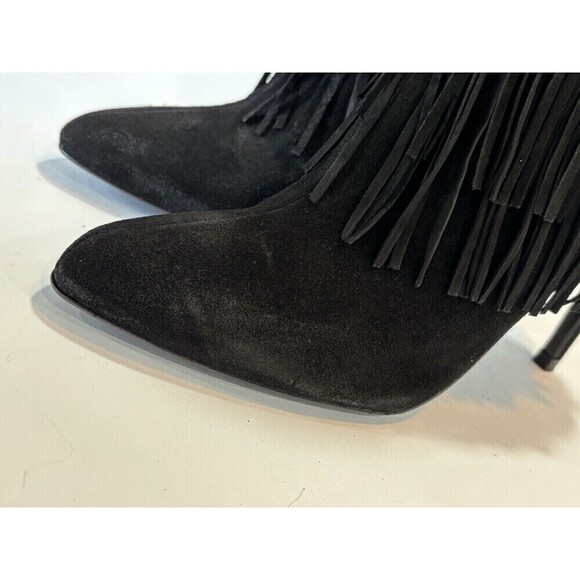 ZARA WOMENS BLACK LEATHER SUEDE FRINGED HIGH HEEL ANKLE BOOTS SZ 38 US 7.5 - Picture 11 of 13